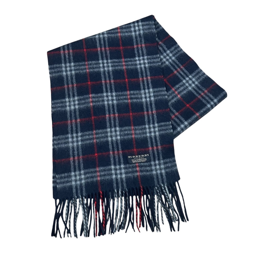 Burberry London‎ Plaid Lambswool Scarf Red Blue Grey Fringe Made in England